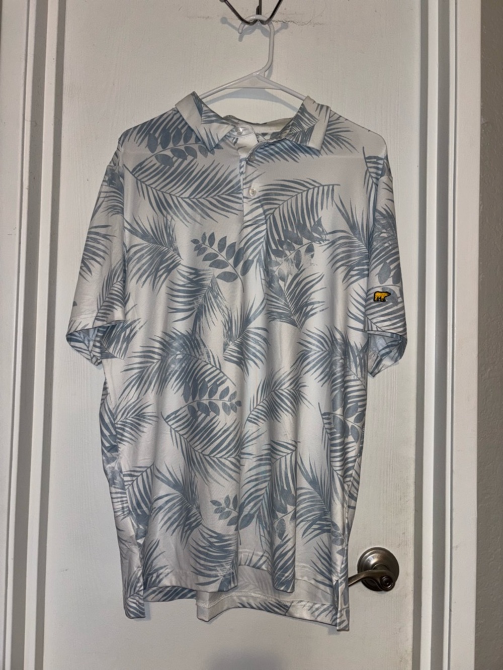 Men's White Polo with Light Gray Leaf Print